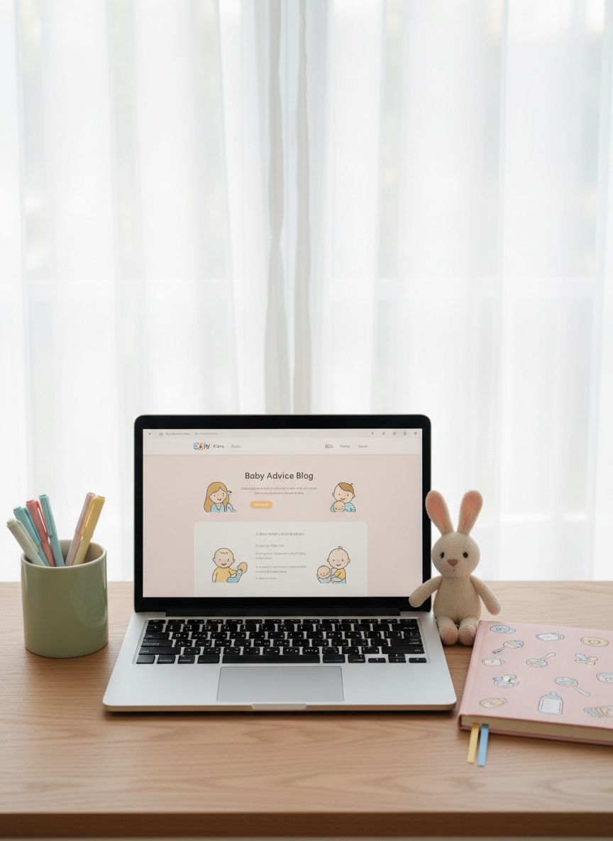 A tidy wooden desk setup for young parents researching baby advice, with an open laptop displaying a blurred baby blog interface, a pastel-colored notebook with doodled icons of rattles and bottles on its cover, and a ceramic cup filled with colored pens in soft blues, pinks, and yellows. A small plush bunny toy leans against the notebook, adding a playful touch. The desk sits near a large window framed by sheer white curtains, allowing diffused daylight to softly illuminate the scene and create minimal shadows. Shot from a slightly elevated angle in photographic realism, the composition uses the rule of thirds to emphasize the workspace while maintaining a bright, optimistic atmosphere. The overall mood is organized, modern, and gently playful, ideal for illustrating practical tools and articles for new parents.